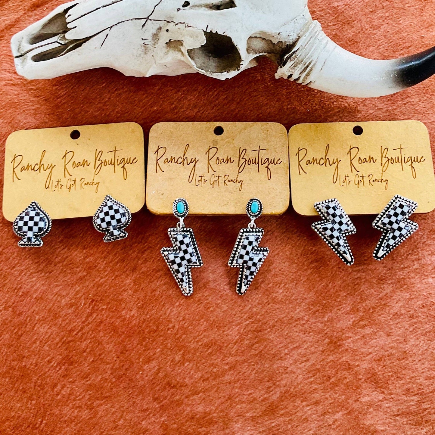Western Checker Spade Stud Earrings – Bold Statement Jewelry