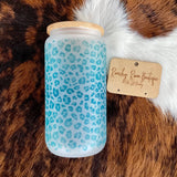 Turquoise Leopard Printed Frosted Glass Western 16 oz Tumbler