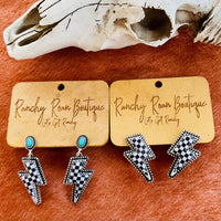 Western Lightning Bolt Checker Earrings with Turquoise Accent